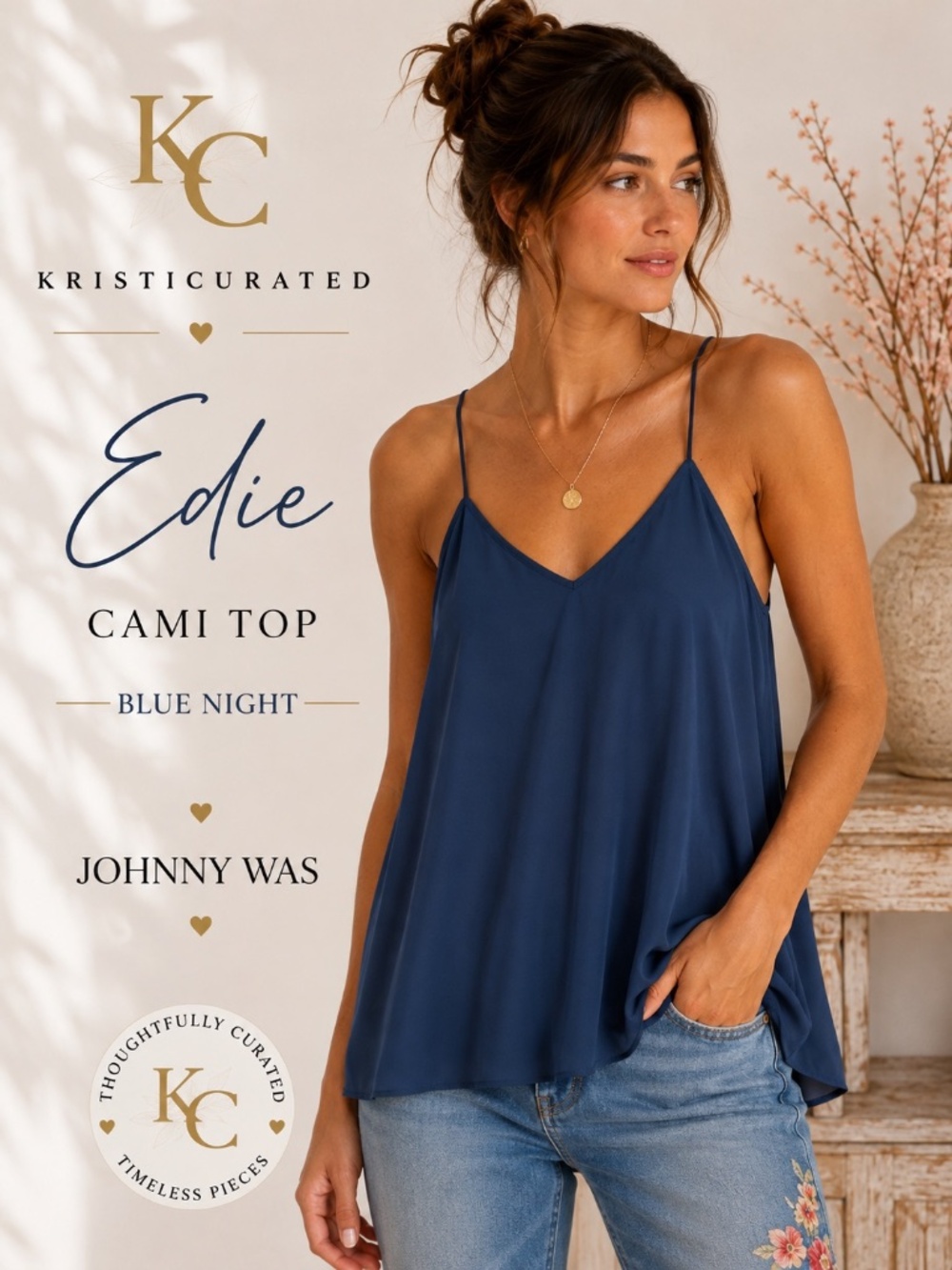 Johnny Was Edie Cami Top Blue Night Silk Blend NWT M